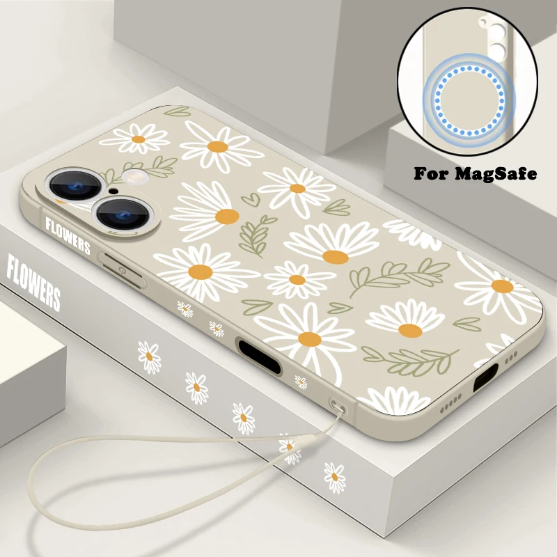 

Чехол с белыми цветами для iPhone 16, 15, 14, 13, 12, Pro Max 11, 16e, магнитный чехол для беспроводной зарядки Magsafe, мягкий ремешок из ТПУ, чехол для телефона
