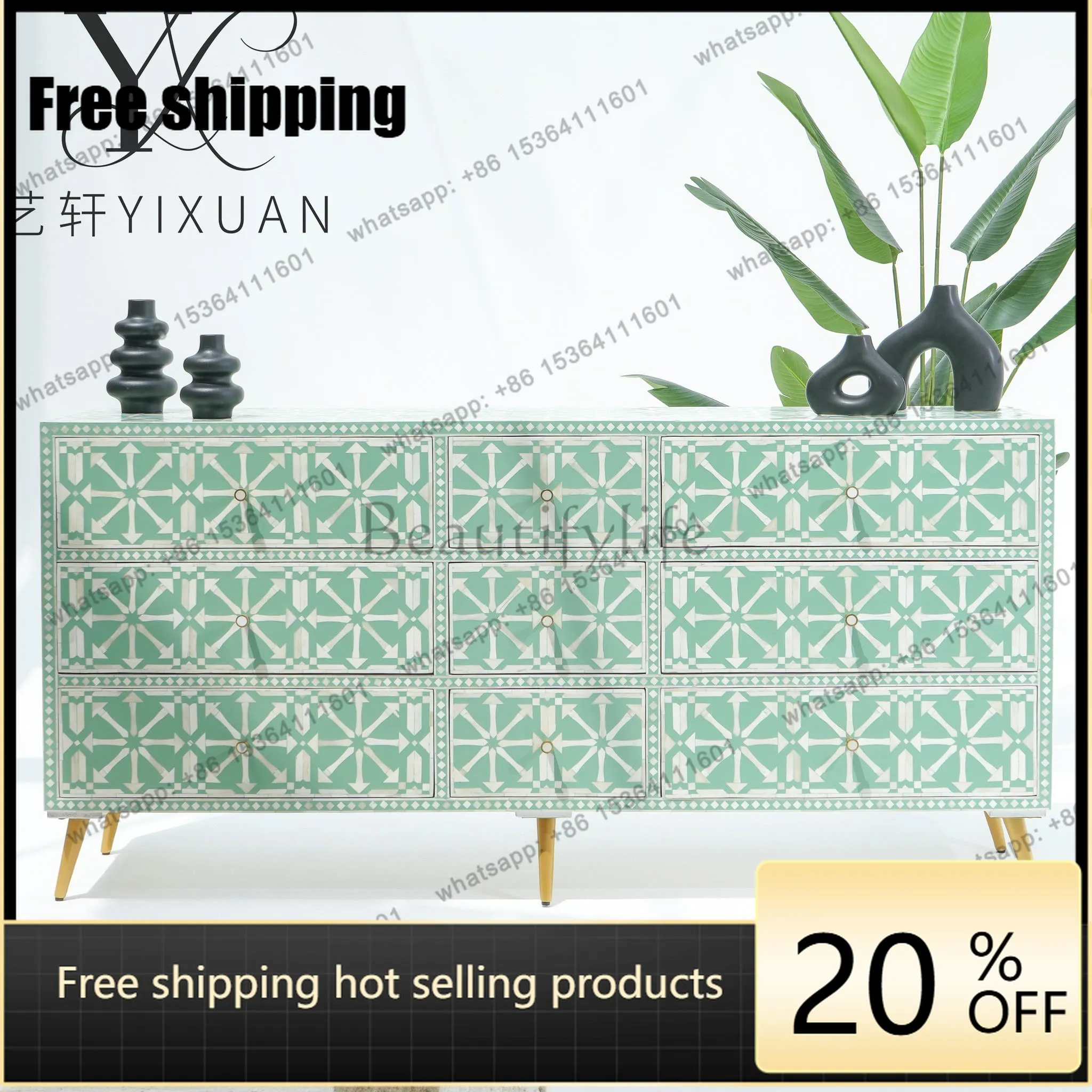 LJY French retro hand-painted living room solid wood nine chest Nordic modern simplicity