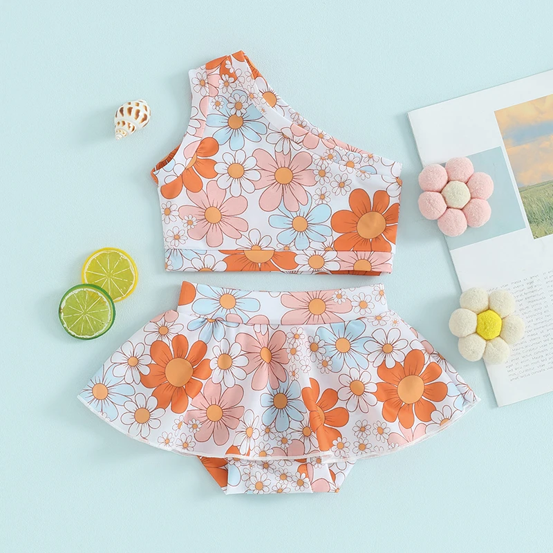 

Kids Girls Swimsuit 2 Piece Set, One Shoulder Sleeveless Flower Print Tops + Elastic Waist Swim Shorts Toddler Summer Swimwear