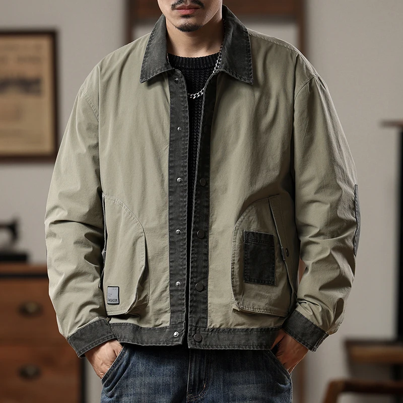 

American Retro Workwear Jacket Men's Collar Coat Autumn Winter Fashionable Handsome Top Color Block Coach Suit Loose Fit