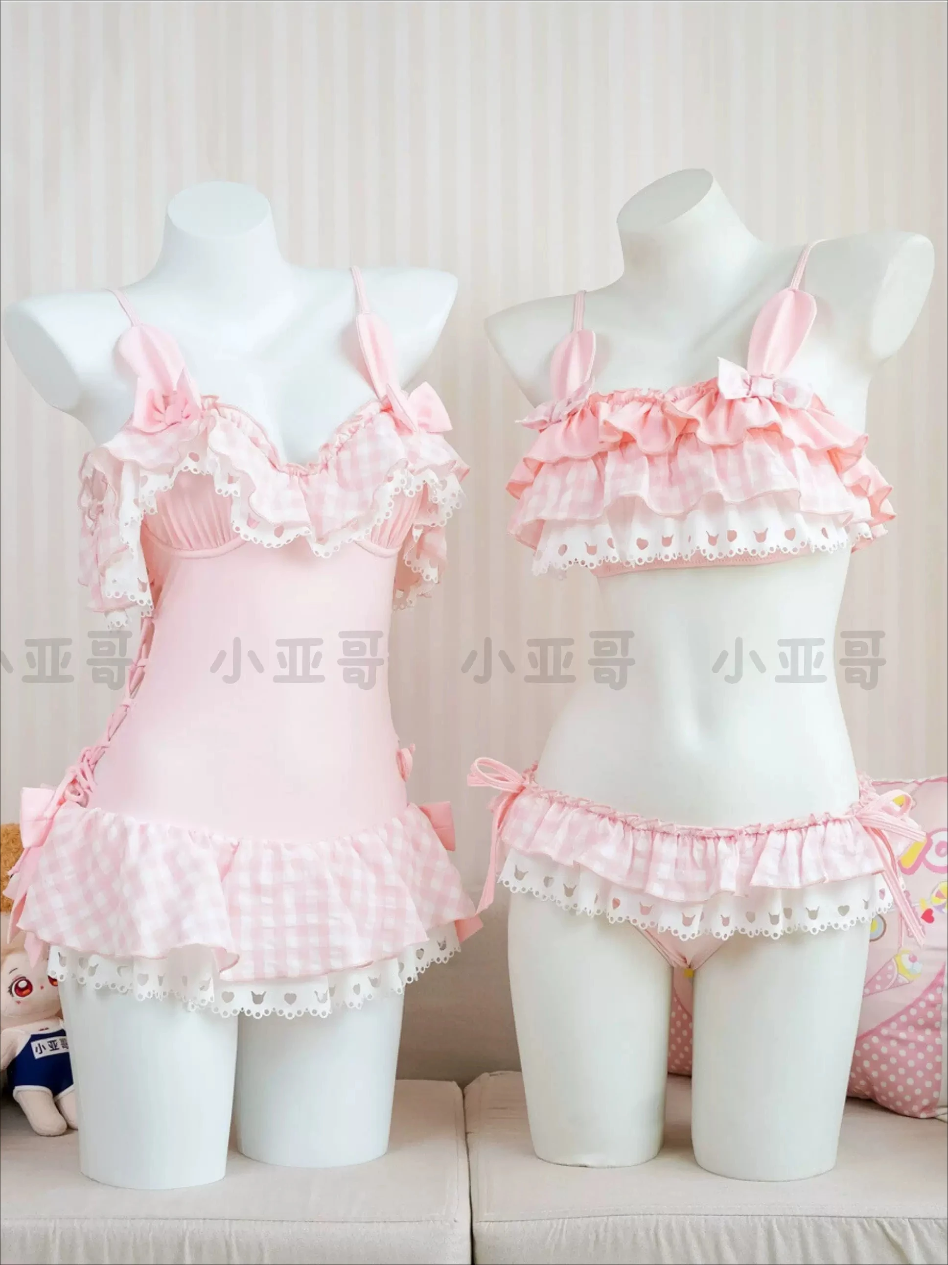 Sweet Cute Split Swimsuit Bikini 2026 Summer New Kawaii Lolita Cake Lace Plaid Bow Sexy Swimming Two Pieces Sets Women