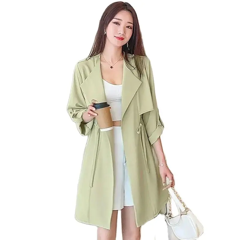 

2023 Autumn Windbreaker New Women's Thin Coat Korean Version Single-Layer Fashion Drawstring Slim Trench Coat Top With 3/4 Sleev