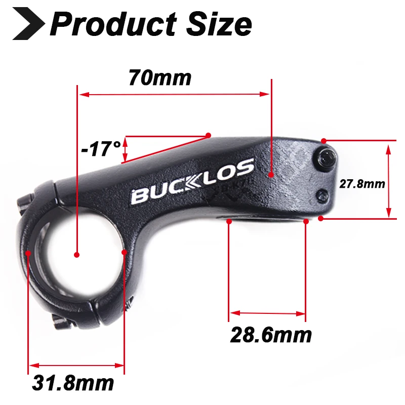 BUCKLOS  Ultralight Bike Stem -17degree 70mm Bicycle Handlebar Stem Aluminum Alloy MTB Power 31.8mm Road Mountain Bike Stems