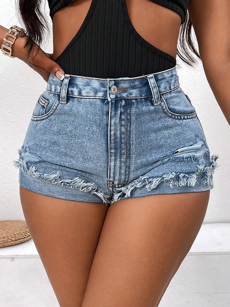 

Benuynffy Sexy Washed Fringed Rolled Hem Denim Shorts Women's Summer Mid Waisted Casual Slim Fit Ripped Jean Shorts Female