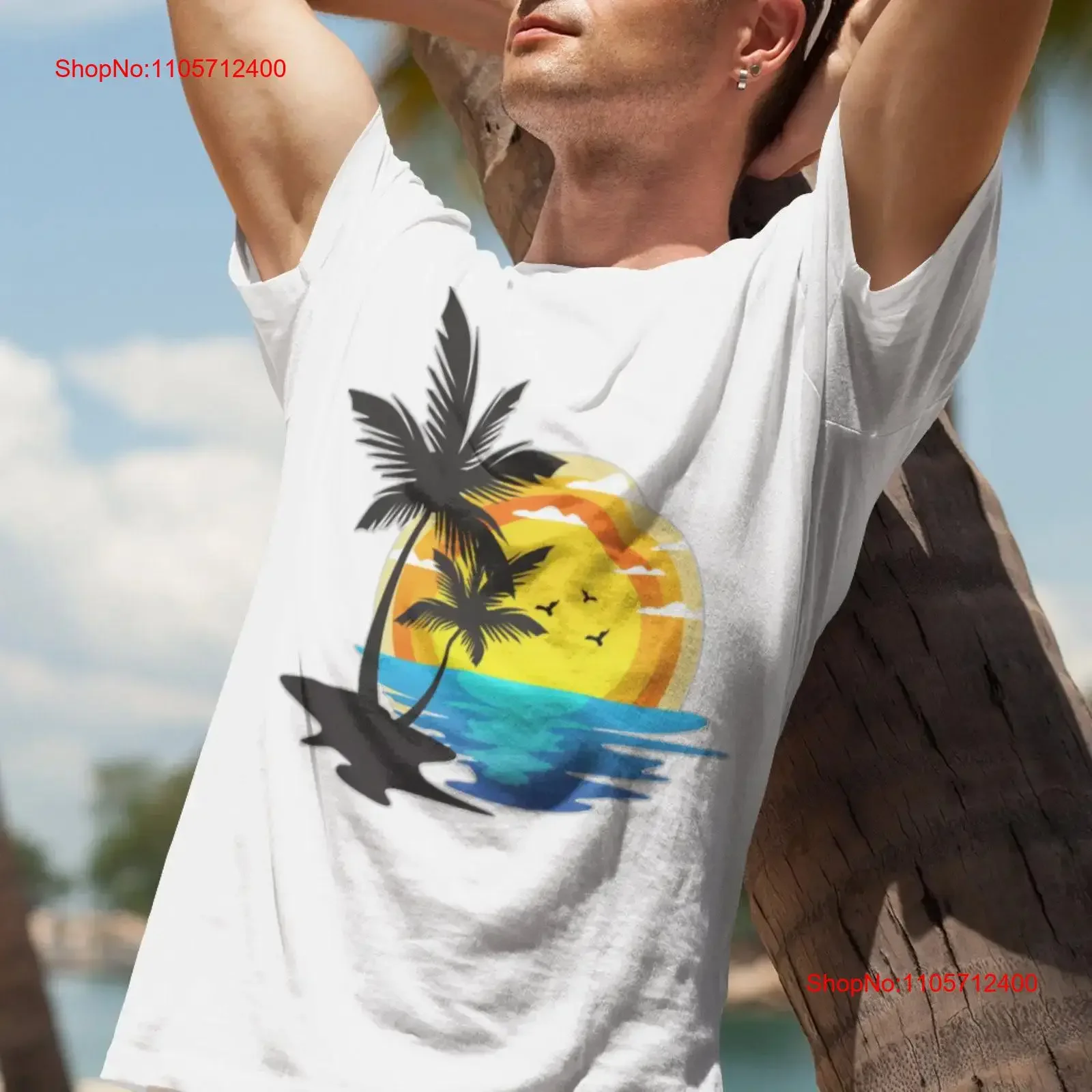 Yellow Orange and Gold Sunset with two Silhouetted Palm Trees on a Heavy Cotton T Shirt vintage Washed streetwear Casual homme