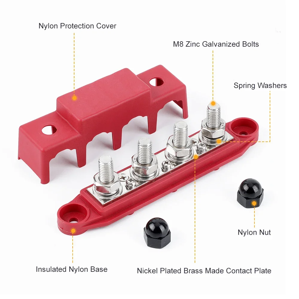 

4 Post M8 M10 Power Distribution Block with Cover 12V-48V Heavy Duty 250 Amp Rating Bus Bar For Automotive RV Vehicle Truck Boat