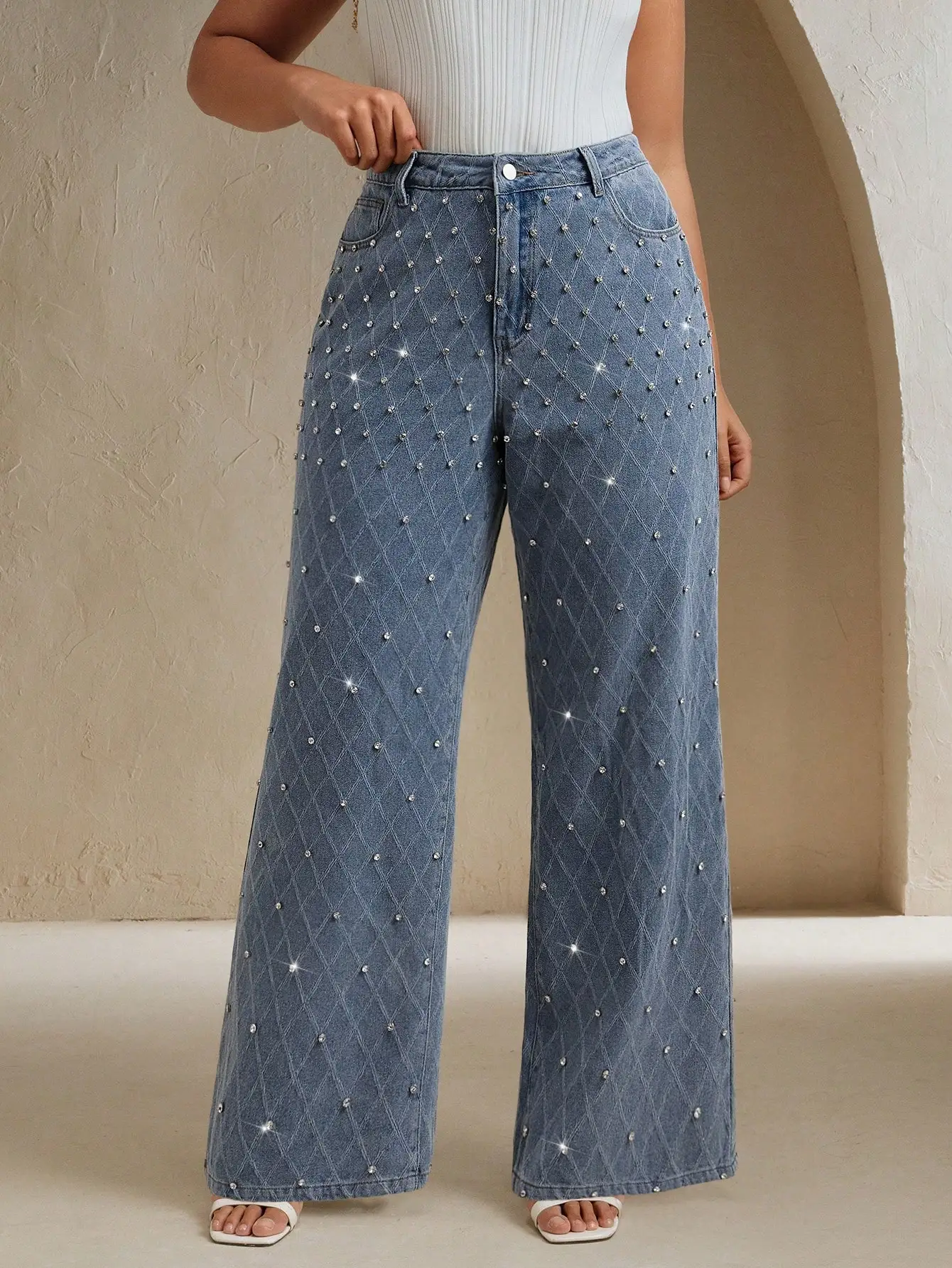 

Женские широкие джинсовые брюки с декоративными стразами для вечеринок и повседневной носки