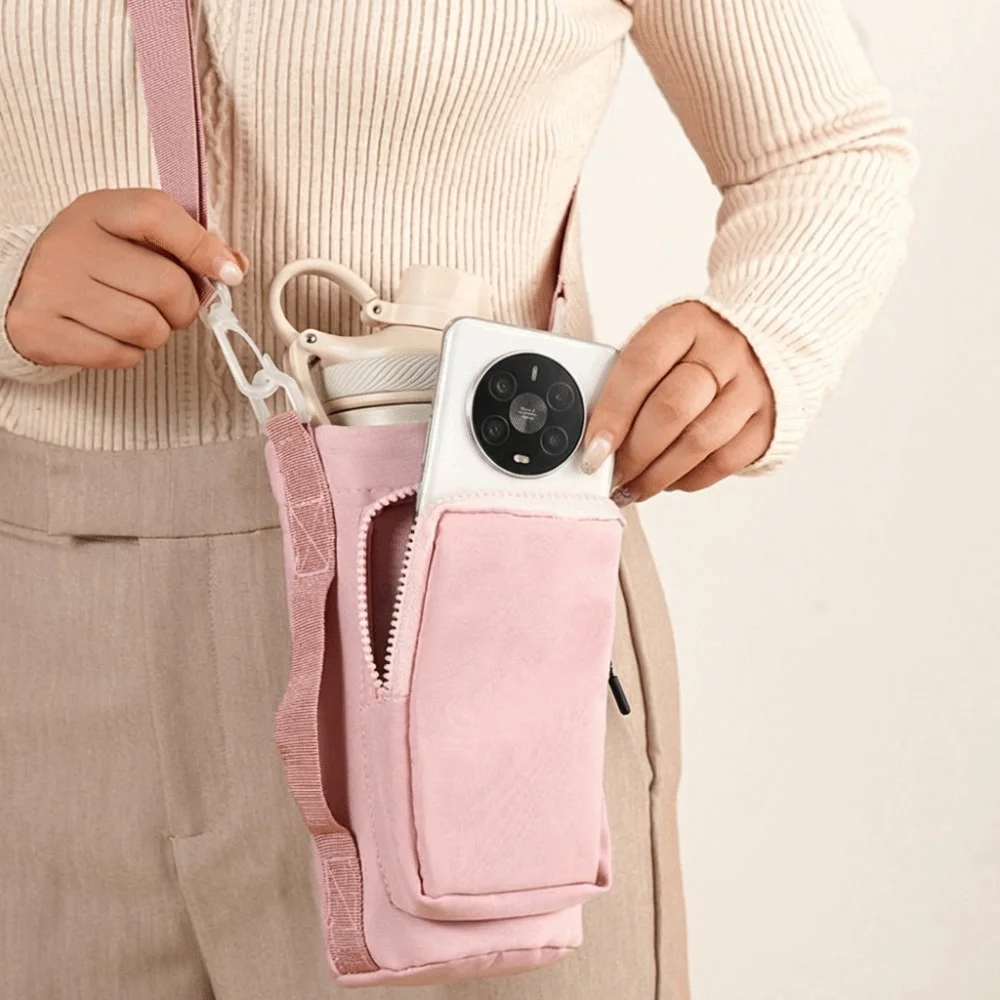 with Adjustable Shoulder Strap Water Bottle Holder Pouch With Phone Pocket with Keychain & Mountaineering Button Vacuum Cup Bag