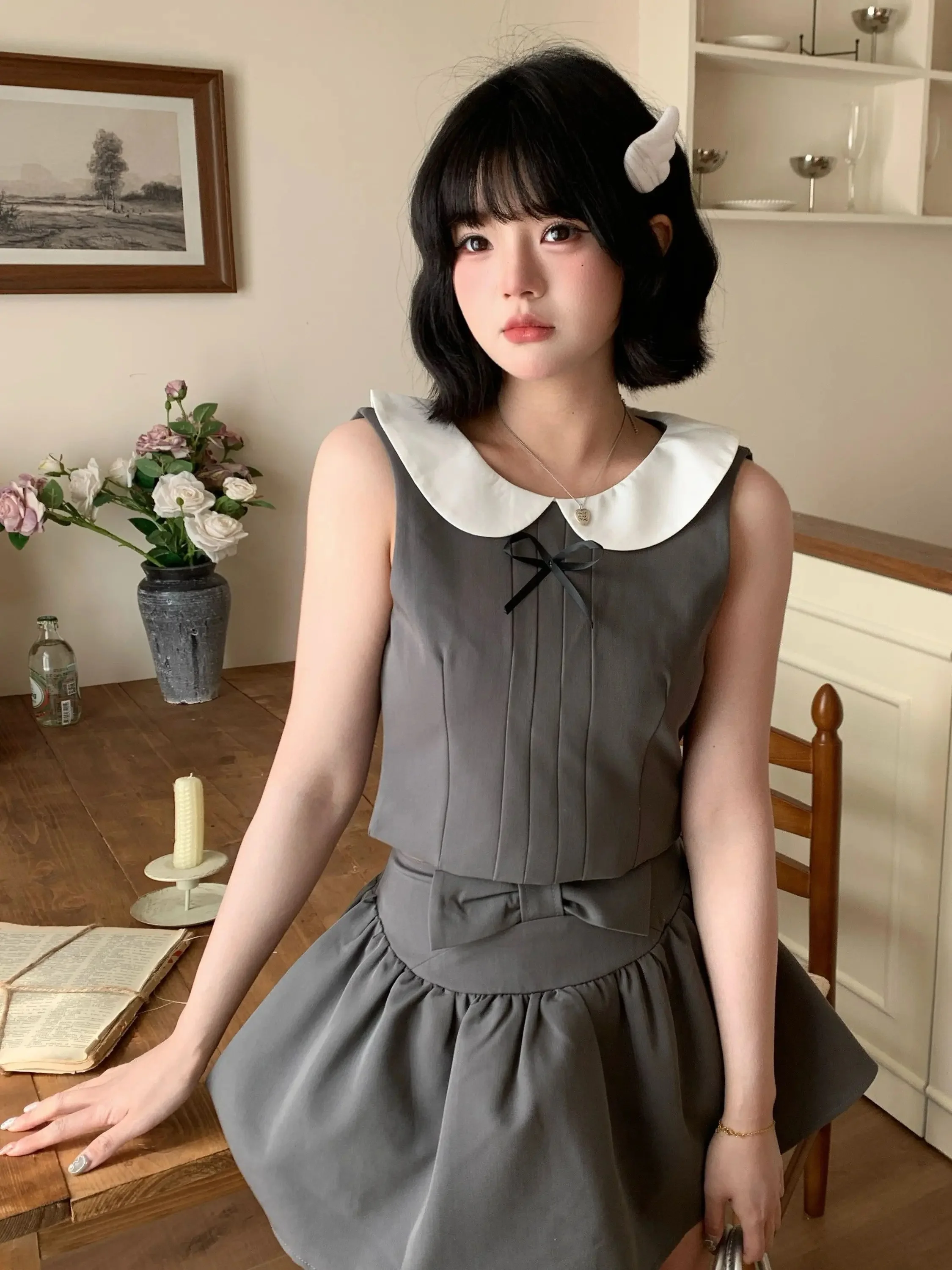 

Korean Chic Sweet Doll Collar Women's Summer New Style Vest And Half Skirt Two-Piece Set High Waist Short Skirt Knot