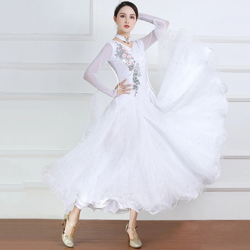 

White Modern Waltz Performance Clothes Long Sleeves Rhinestone Women's Ballroom Competition Dresses Adults Stage Dancewear