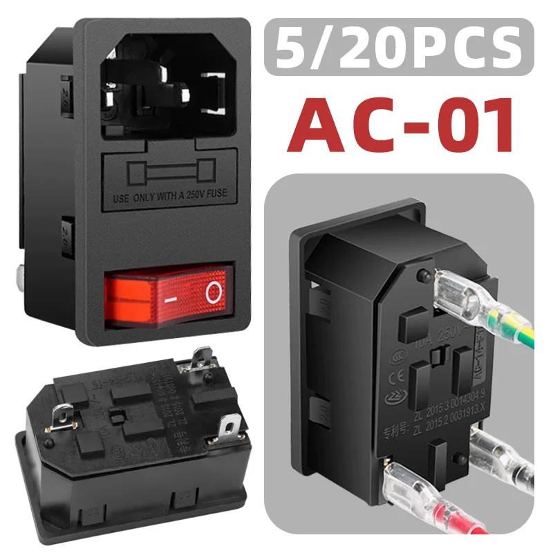 

AC-01 Rocker Switch 3 Pin Electrical Power Switch Connector 250V 10A Fuse AC Power Socket with Red Lamp Button