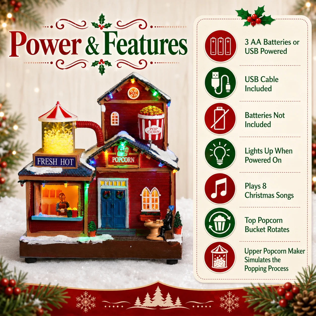Christmas Popcorn Factory Music Box Resin, Simulated Popping Action & Rotating Bucket LED Lights 8 Songs 24cm