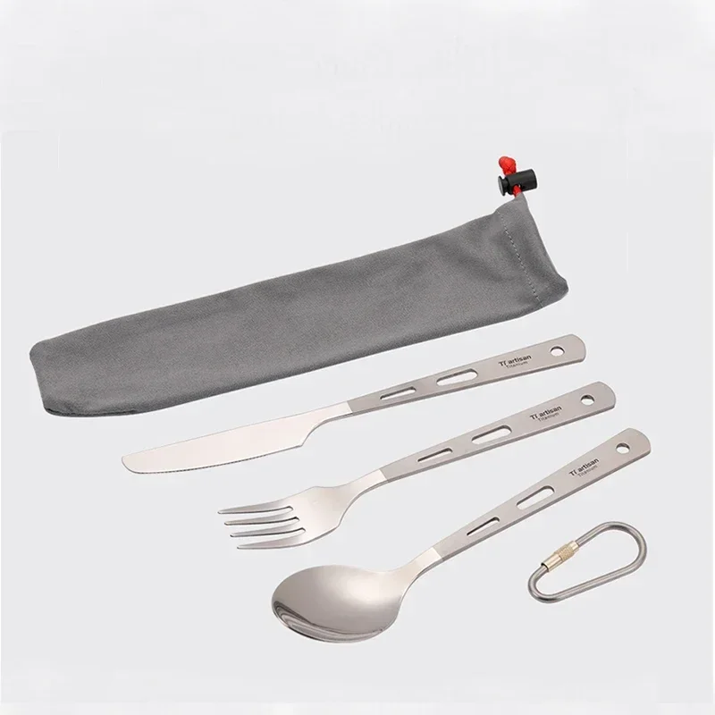 Tiartisan 3 In 1 Titanium Spoon Fork Knife Cutlery Sets With Carabiner Outdoor Camping Picnic Tableware Spork Ta8106P