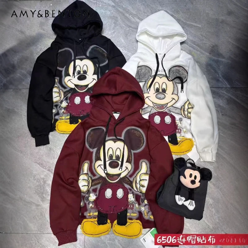 

Fashion Winter New Oversized Loose Cartoon Hoodies Heavy Industry Cartoon Patchwork Fleece Warm Sweatshirt Top Long-sleeves Coat
