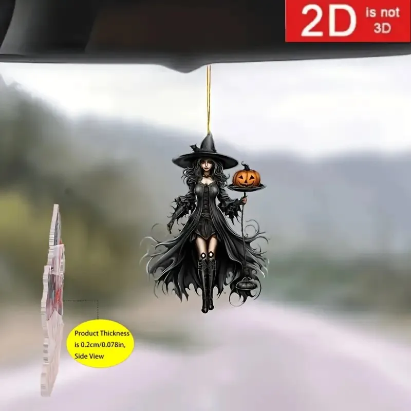 2D Acrylic Halloween Witch Pumpkin Car Keychain Rearview Mirror Pendant Gothic Witch Lantern Auto Interior Decor Holiday Gift