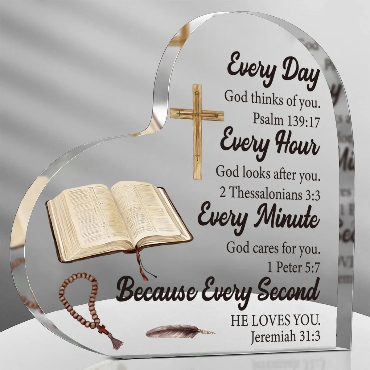 Heart Acrylic Desk Plaque Bible Verse Gift, Cross Bible Rosary Christian Acrylic Heart Decor for Women Pastor, Church Wedding Baptism