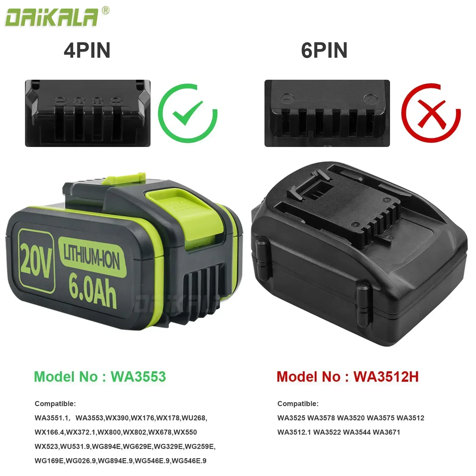 Daikala Replacement Battery WA3553/WA3551 for Worx 20V Battery Power Tools WA3551 WA3572 WA3553 WX390 WA3551 WX176 WX178 WU268