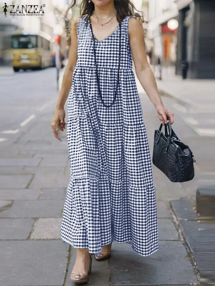 ZANZEA Casual Tiered Gingham Dress Checked Streetwear Fashion Holiday Women A-line Vestidos Summer 2024 Sleeveless Maxi Dress