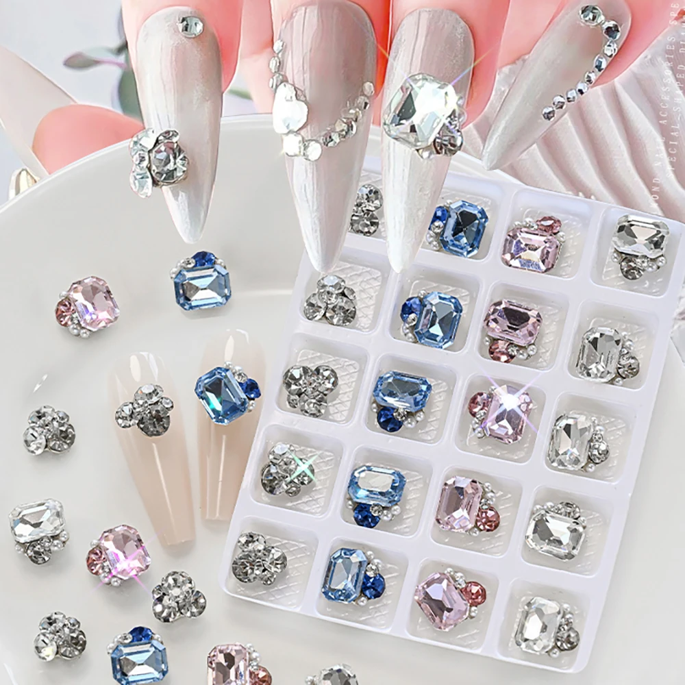 

20Pcs/Boxed 3D Luxury Mixed Shape Nail Pile Crystal AB/Pink/Blue K9 Glitter Nail Glass DIY Ice-Transparent Manicure Rhinestone