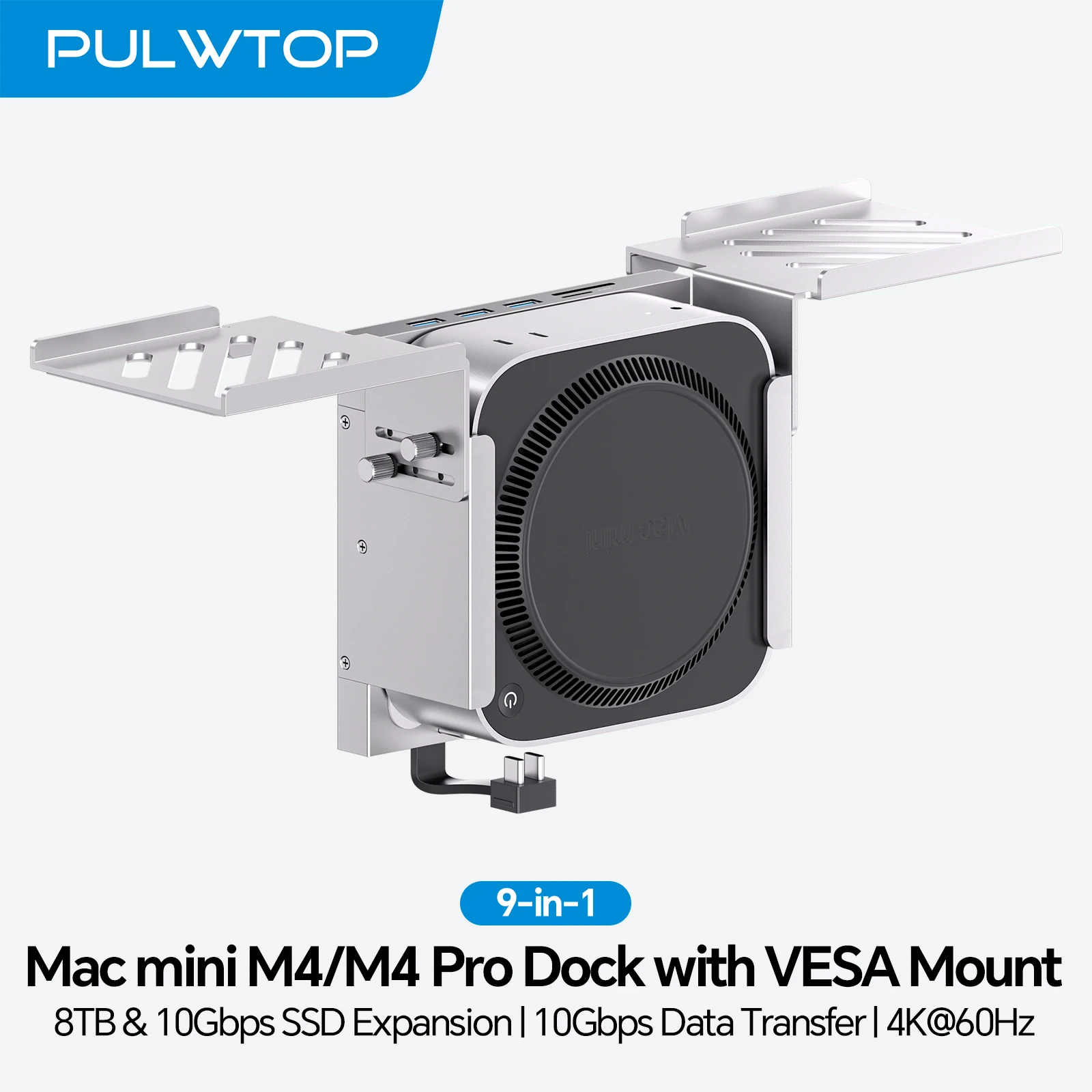 

PULWTOP Mac Mini M4 Dock with HDMI 4K 60Hz, SSD Enclosure, USB-A 10Gbps, Metal Bracket Holder for Monitor, Desk and VESA Port
