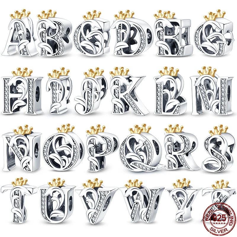 

Hot Sale 925 Sterling Silver 26 Letters Rose Gold Plated Crown Charms Fit 3mm Bracelet DIY Jewelry For Women New in