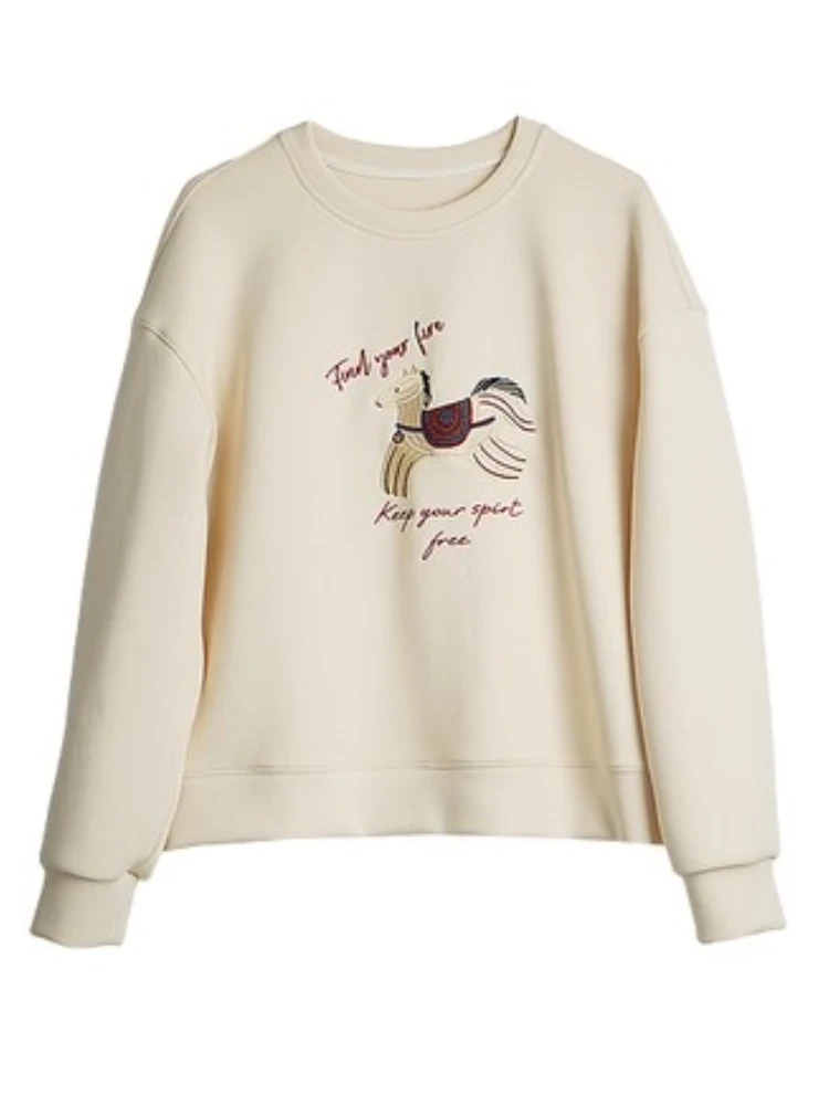 OLrain Women Sweatshirts Autumn 2025 New American Style Casual Loose Pullover Embroidered O-neck Knitted Tops Female O57QR001315