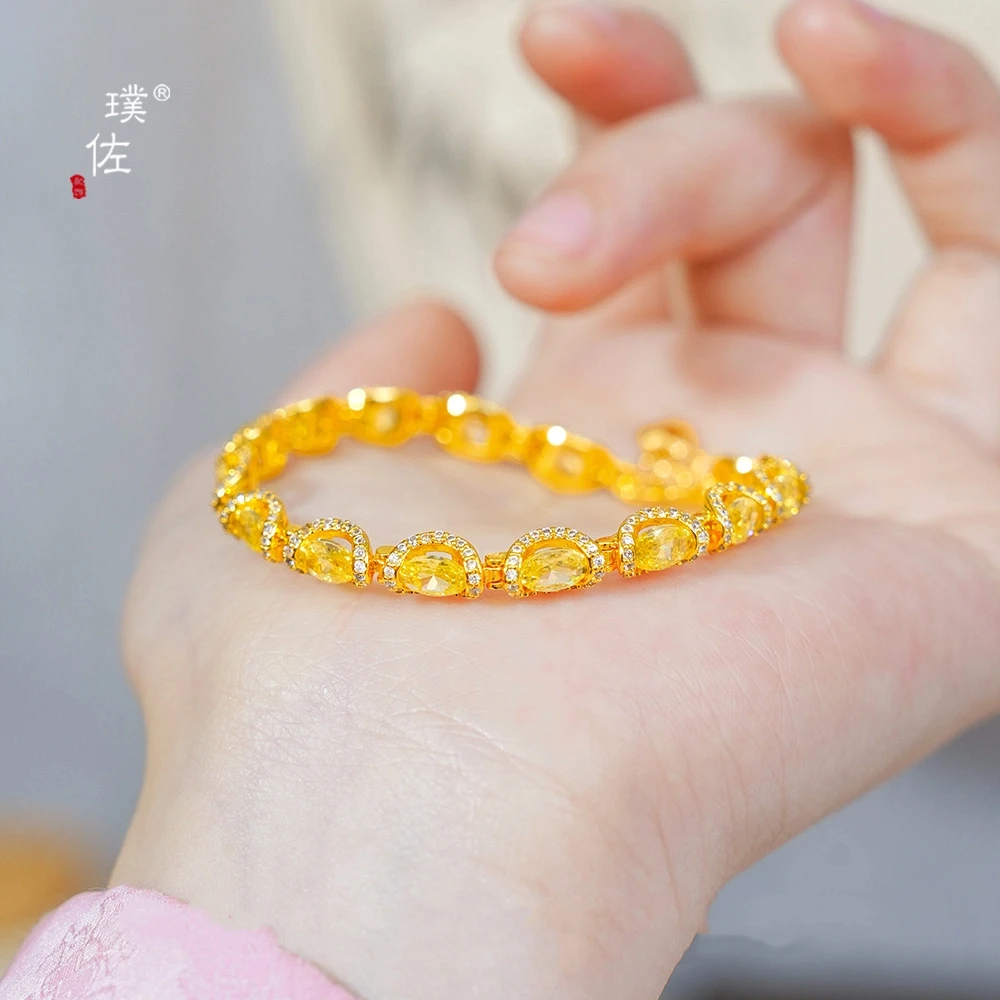 Gold Store 9999 Pulsera de encaje de diamante amarillo de azúcar de roca Retro francés de oro real de 24 quilates, pulsera ligera de lujo en forma de huevo para mujer
