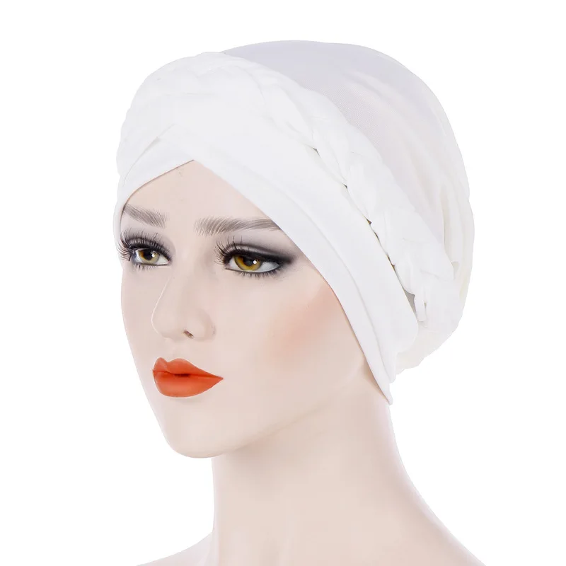 

2026 New Muslim European Solid-color Single-strand Braid Headscarf Cap Milk Silk Indian Headscarf Cap Outerwear Women's Hijabs