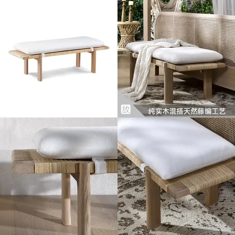 Nordic Style High End Solid Wood Woven Rattan Bedside Stool Custom Bedroom Furniture