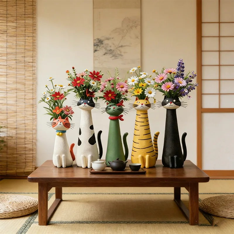 Hot Sell Cute And Quirky Cat Shaped Vase Painted Resin Material Desktop Home Decoration Flower Arrangement Gift Sturdy Durable