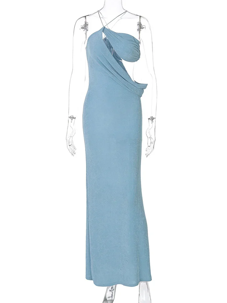 Summer Hollow Out High Waist Maxi Dress Women's Halter Patchwork Sexy Sleeveless Party Dress Female Bandage Elegant Dress