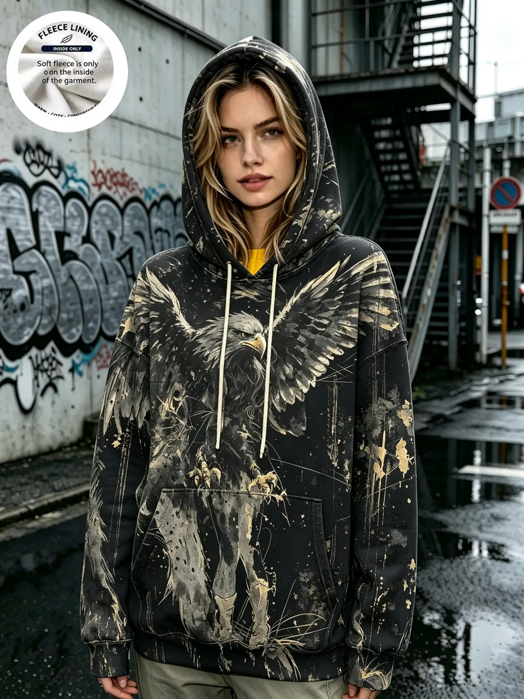 Womens Ink Art Animal Fleece Hoodie Vintage Splash Wolf Eagle Horse Bison Print Drawstring Pocket Pullover Tops