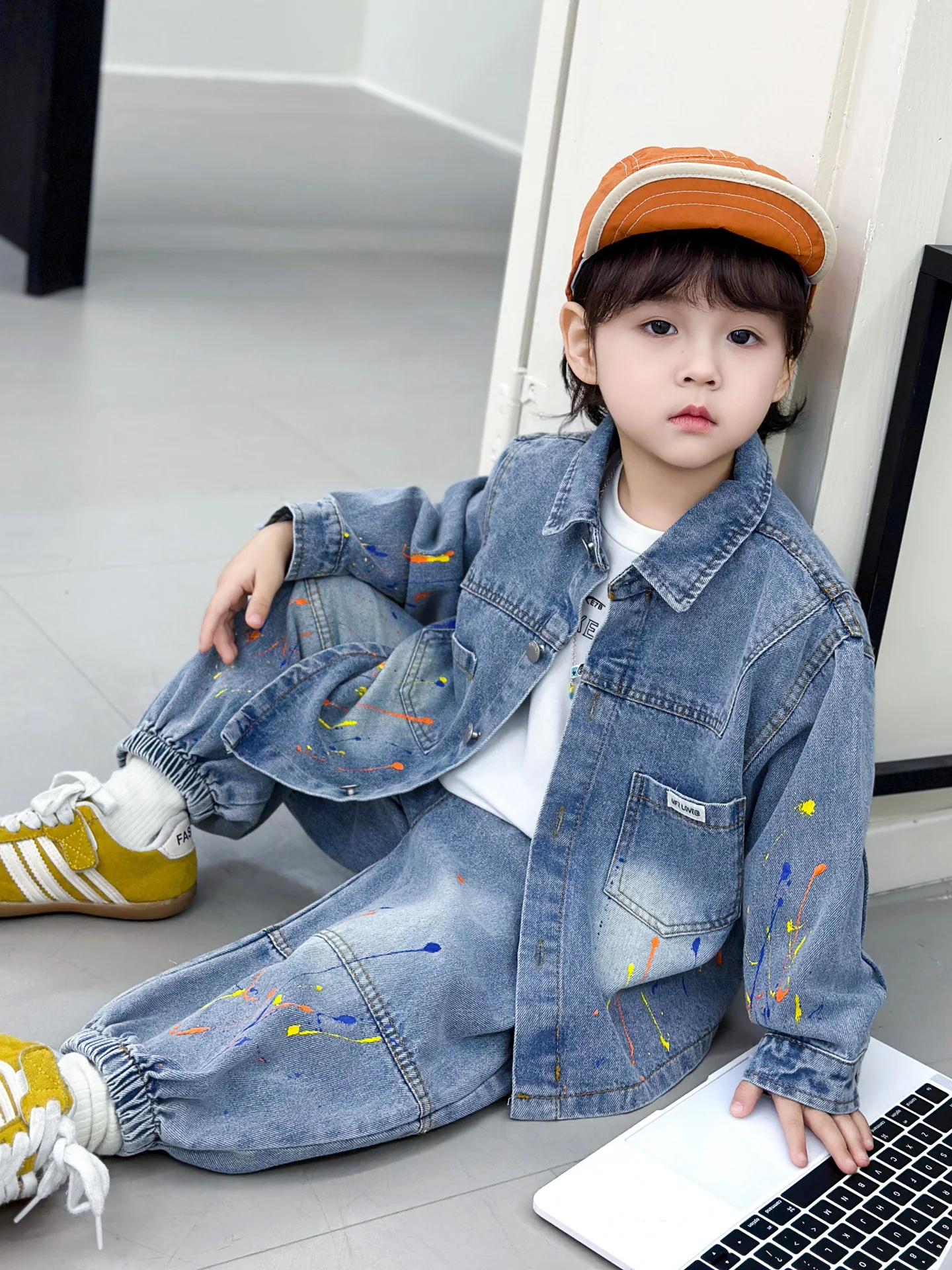 

Cool Boys Spring Autumn Denim Outfit Children's Set Korean Sle Faionable Casual Sports Suit Long Sve Long Pants