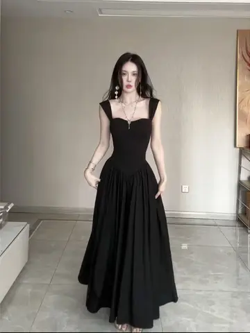Original Hepburn Style Slimming Fishbone Dress Women's Sleeveless Wrap Gown Sexy Waist Cinched Summer Fashion Casual Evening