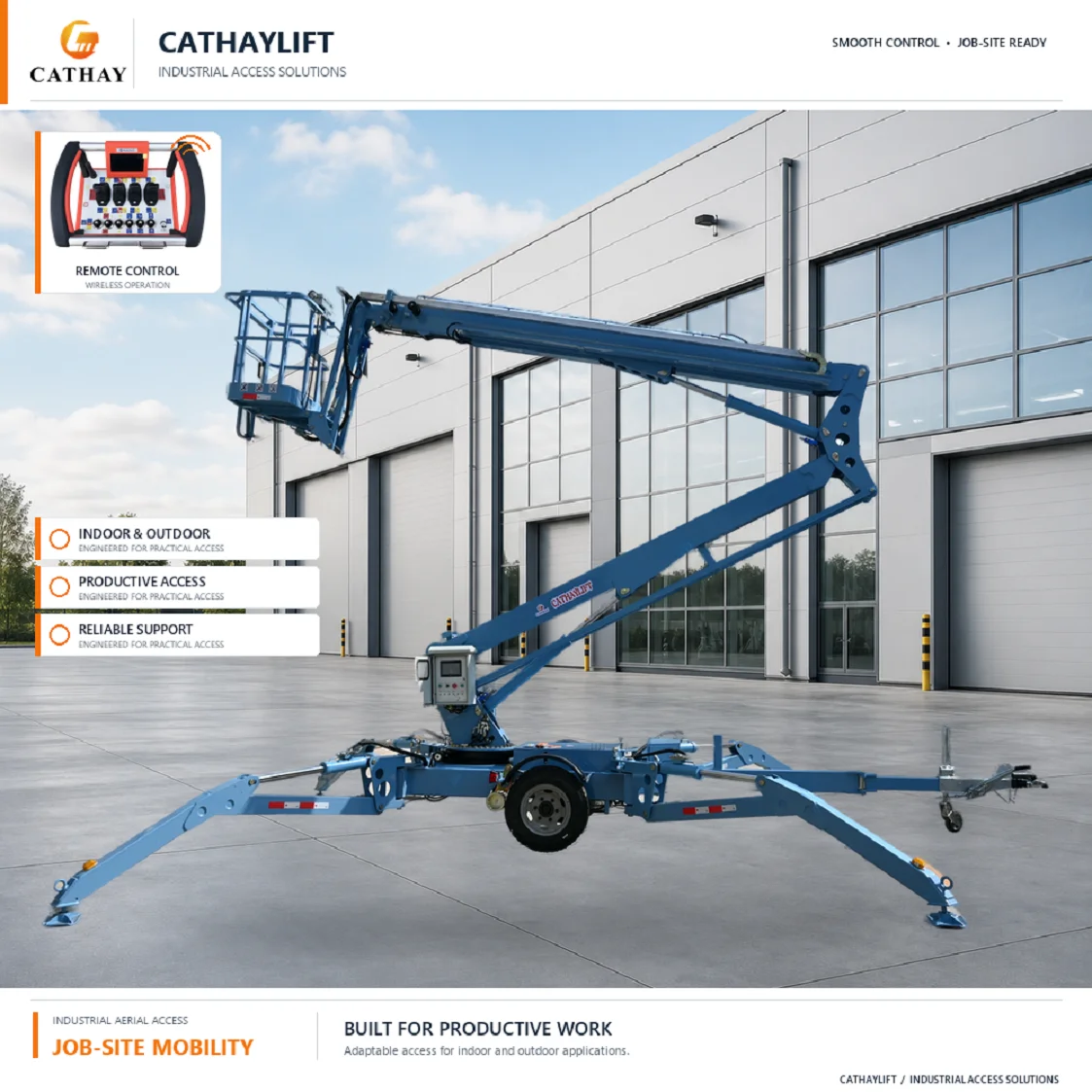 Cathaylift ISO/CE/RoHS Certified 22m Reach Easy Towable Boom Lift Hydraulic Stabilizers Auto Level Optional Power