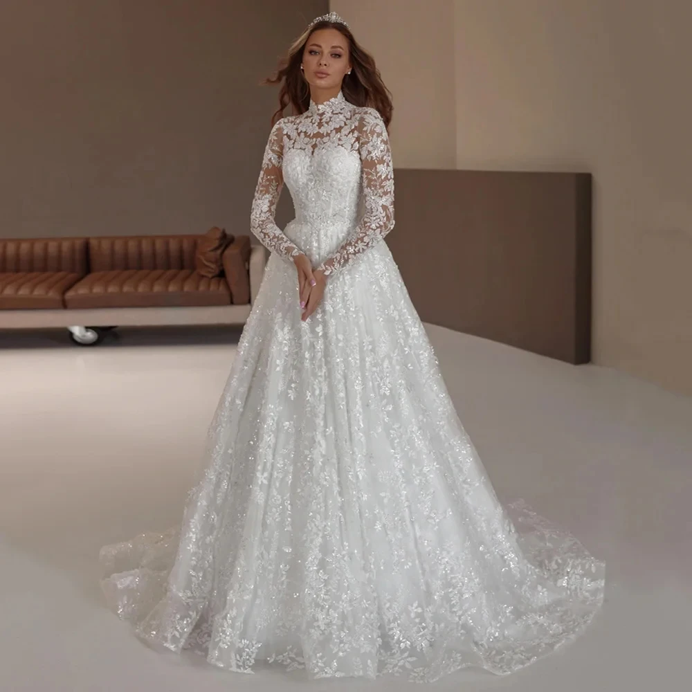 

Charming Wedding Dresses with Lace Customized Full Sleeve Bride Gown Soft Tulle Lace A-Line Court Train فستان حفلات