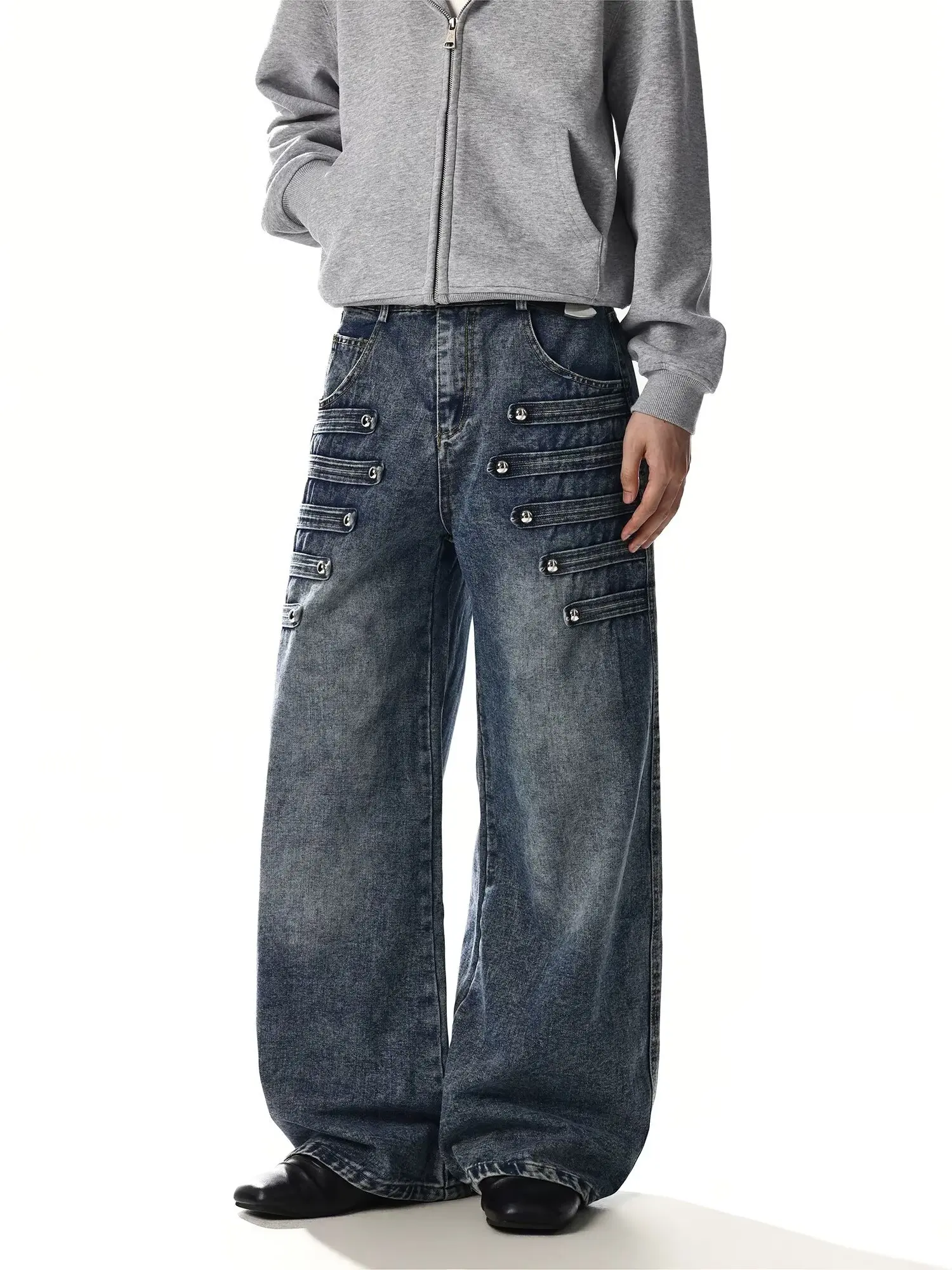 2026 Autumn High Street Style Double Side Button Design Wide Leg Jeans For Men Washed Faded Long Length Denim Pants