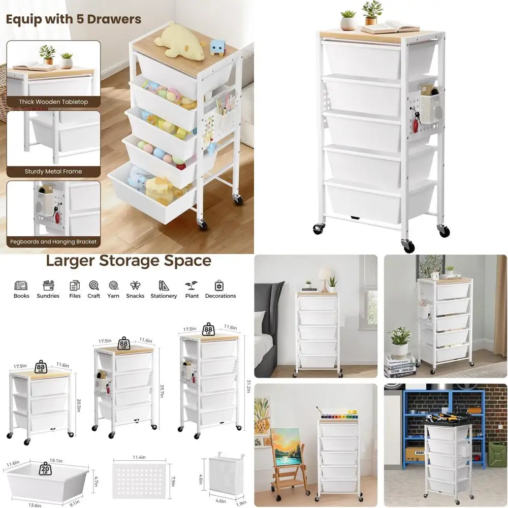 

5-Tier Plastic Storage Cart with Wheels and Wooden Top for Office and Classroom Organization