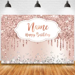 Custom Name Photo Rose Golden Happy Birthday Party Backdrop Glitter Diamond Birthday Background Girl Sweet Birthday Party banner