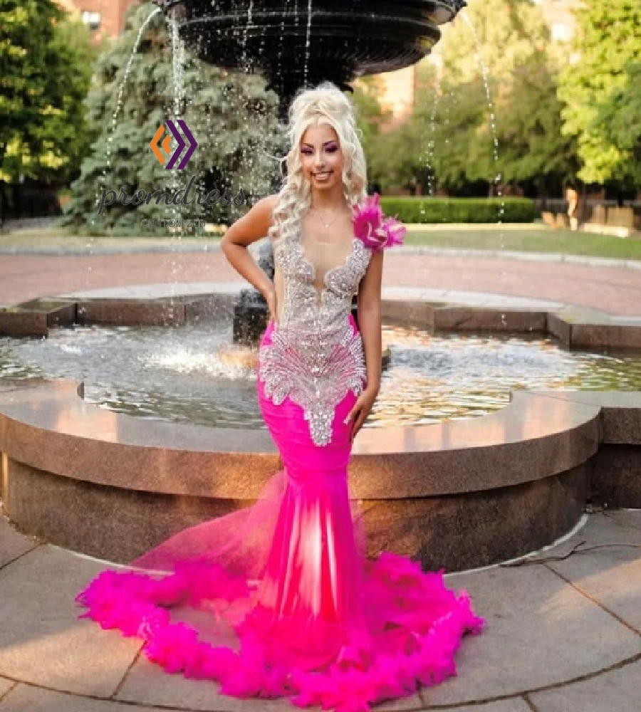 Lujoso vestido de noche de cristal rosa fuerte elegante sirena Aso Ebie negro niñas vestidos de graduación pluma de talla grande ocasión de cumpleaños