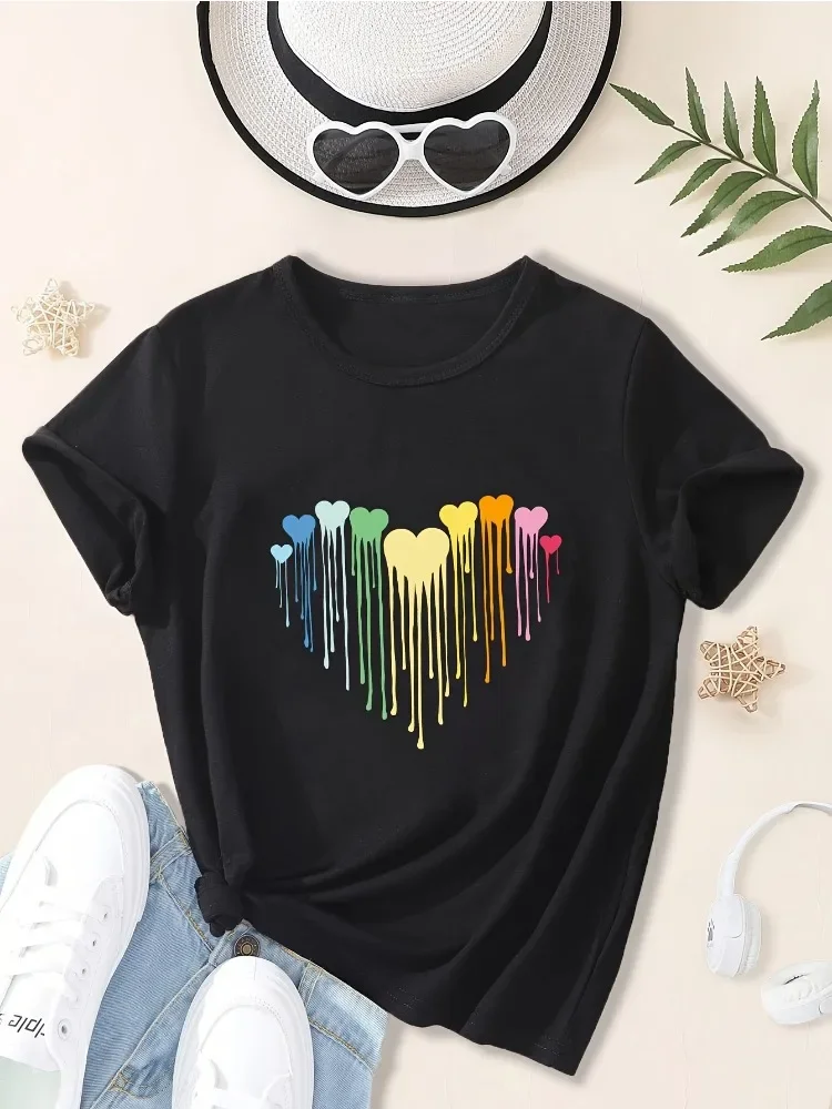 

Plus Size Summer Black Clothes Women Casual Colorful Heart Printed T-shirts Fashion Crew Neck Short Sleeve Top