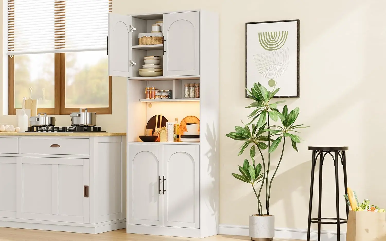 Kitchen Pantry Cabinet with RGB Light, Tall Kitchen Hutch Bar Cabinet with Microwave Stand, Farmhouse Large Wood Storage Cabinet