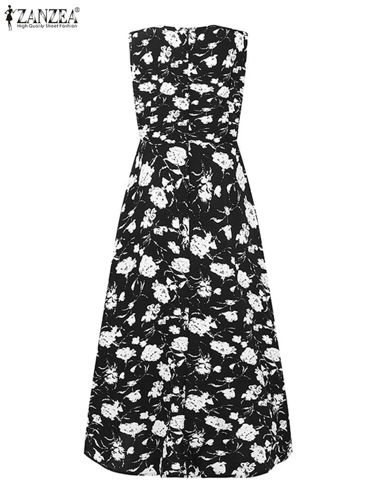 2025 ZANZEA 보헤미안 여성 꽃 프린트 여름 드레스 민소매 맥시 Sundress 캐주얼 빈티지 Pleated 파티 비치 롱 Vestidos