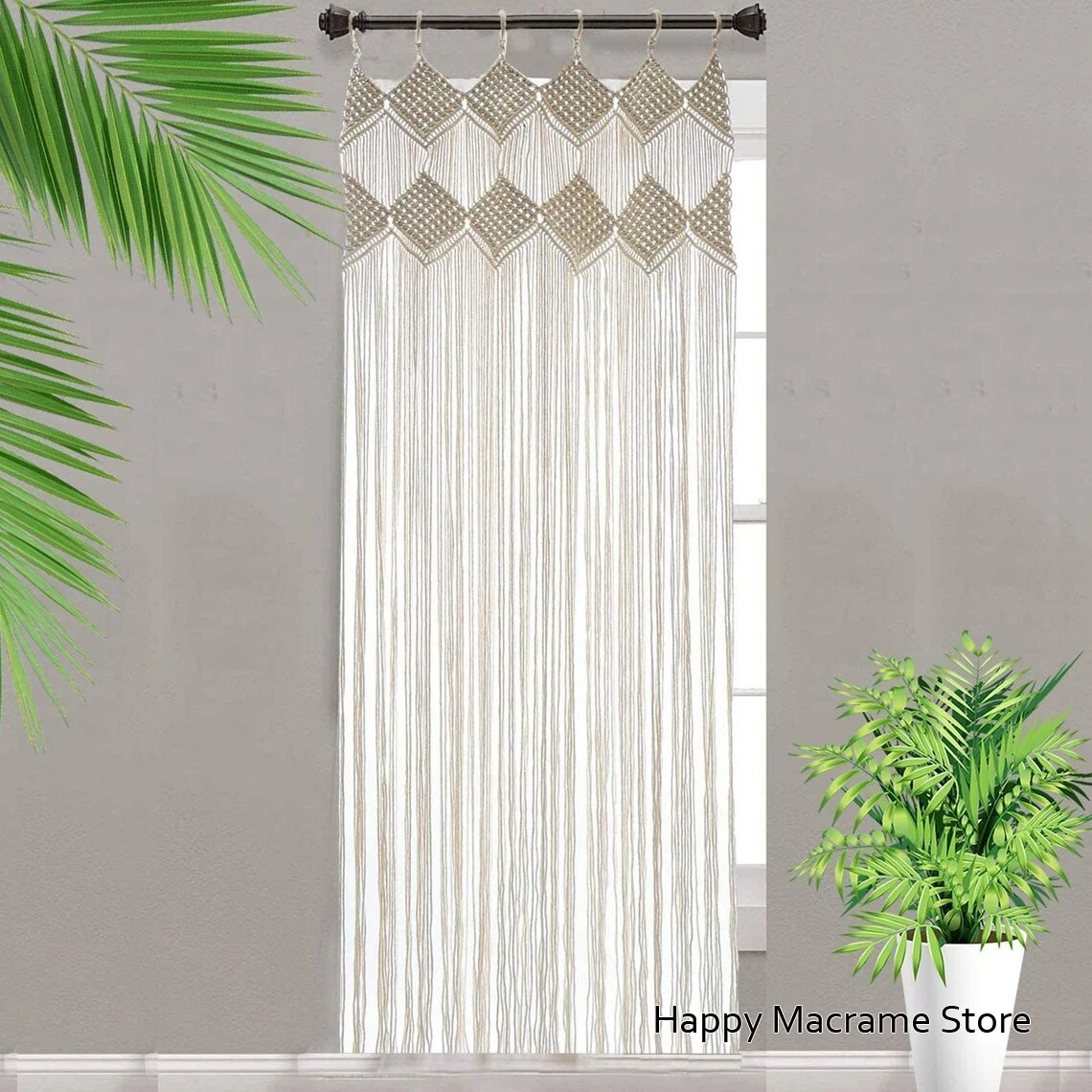 Macrame Curtains for Bedroom Macrame Curtains for Doorway Window Panel with Wood Ring Wedding Wall Decoration - Without Rod