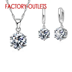 925 Sterling Silver Fashion Jewelry Set Classic 6 Claws Crystal  Necklaces Hoop Earrings Women Girls Engagement Anniversary