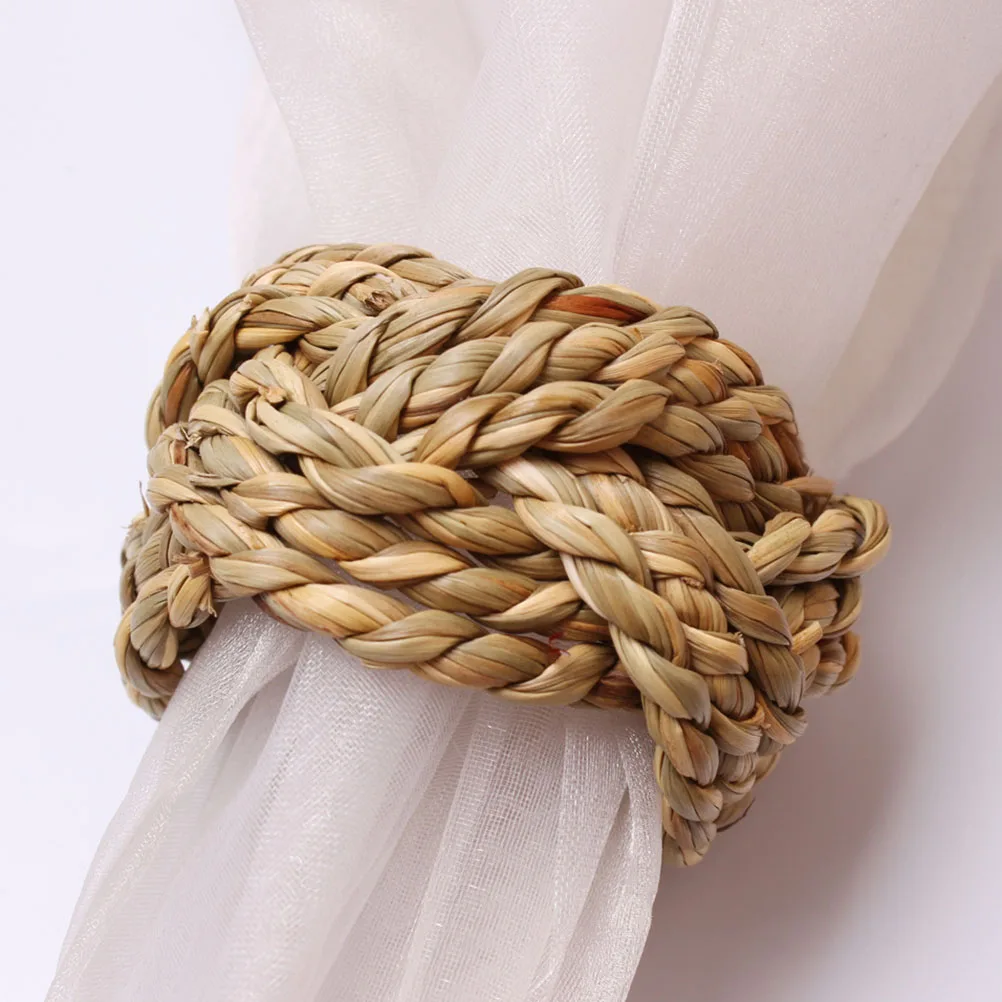 

6pcs Napkin Rings Woven Straw Design Golden Color Practical Home Hotel Restaurant Bar Wedding Party Decorations