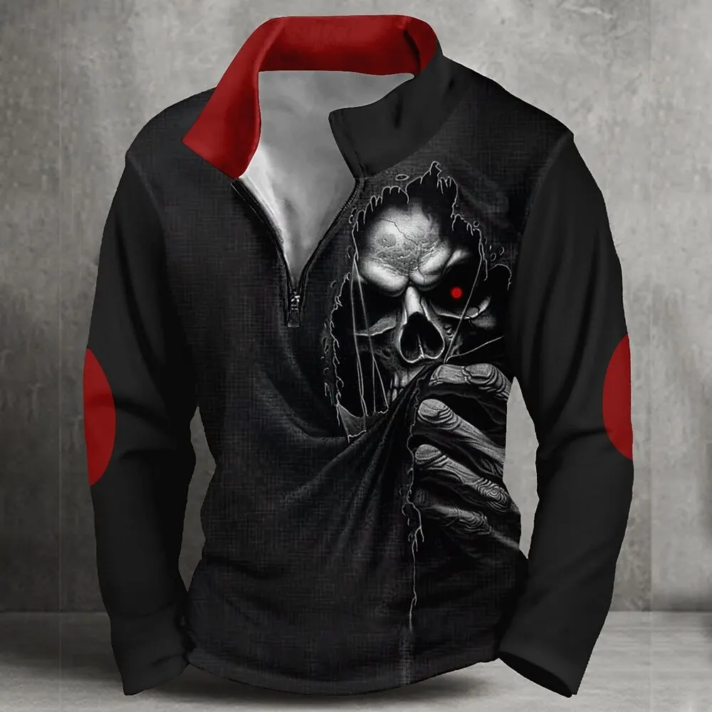 

Fashion Cool Skull Graphic Men's Zipper Sweatshirts Outdoor Street Hip Hop Long Sleeved Tops Loose Casual Horror Clothes For Men