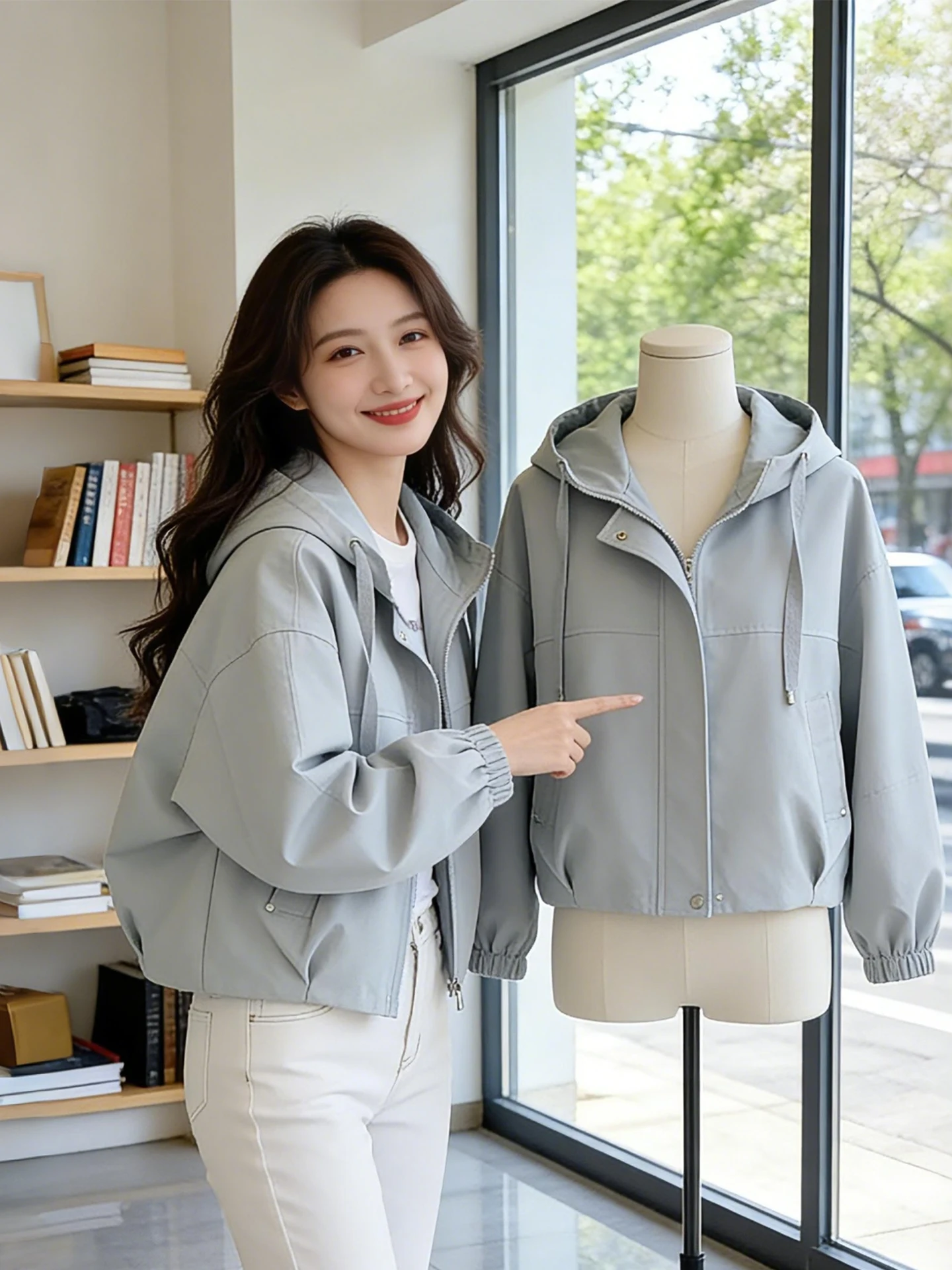 

Unique Short Women's Jacket Spring Fashionable Loose Hooded Coat Korean Style Commute Light Weight Long Sleeve Color
