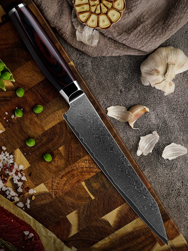 8 Inch Sashimi Knife Double-edged VG10 Blade Damascus Steel Chef Cleaver Meat Slicing Vegetables Sushi Handmade Kitchen Knife
