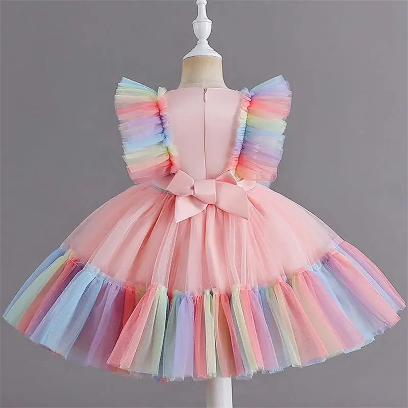 Fashionable Festival Birthday Party Girl Kid's Dress Rainbow Tulle Princess Dresses Children's Short Style Sleeveless Bow Gown
